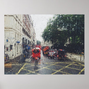 PÓSTER FOTO DEL AUTOBÚS ROJO EN LA CALLE DESDE LA VENTANA