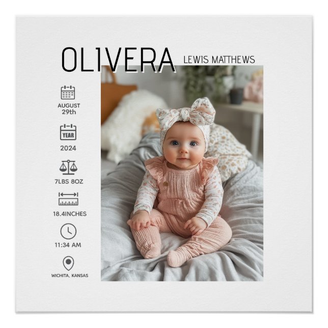 Póster Foto del bebé y estadísticas (Anverso)