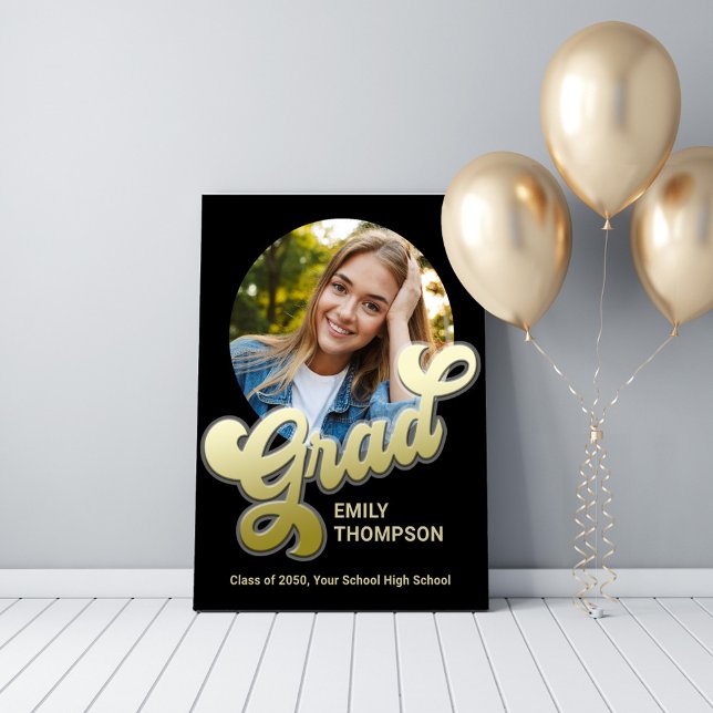 Póster Foto del Personalizado de la fiesta de graduación  (Graduation party photo poster with gold retro style calligraphy)