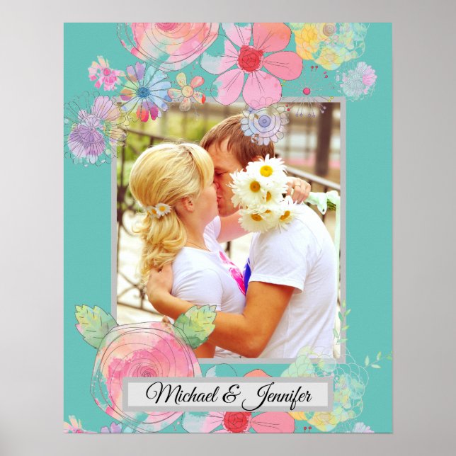 Póster Foto del Personalizado floral verde azulado y Shab (Frente)