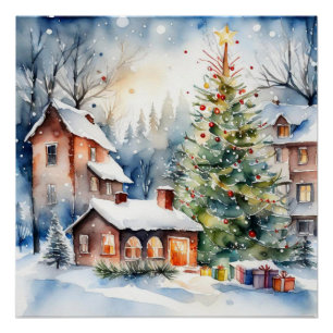 Póster Foto del pueblo de Navidad en árbol de Navidad
