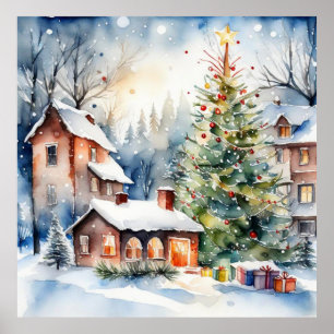 Póster Foto del pueblo de Navidad en árbol de Navidad