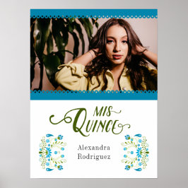 Póster Foto floral azul tradicional mexicana Quinceanera