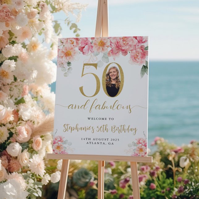 Póster Foto floral rosa y dorada 50 cumpleaños bienvenida (Subido por el creador)