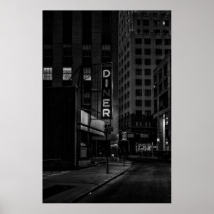 PÓSTER FOTO GRAYSCALE DEL RÓTULO PEARL DINER EN LA CIUDAD