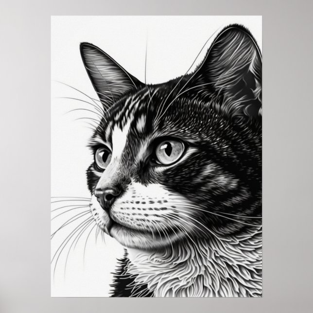 Póster Foto monocroma de gato Mascota blanco y negro (Frente)
