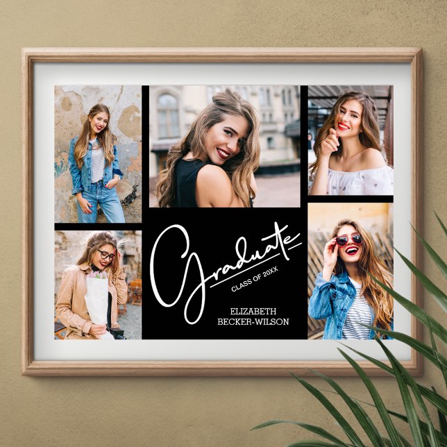 Póster Foto múltiple sobre Keepsake de graduación negra (Personalized multiple photo graduate poster, INSTANT DOWNLOAD and/or PRINTED)