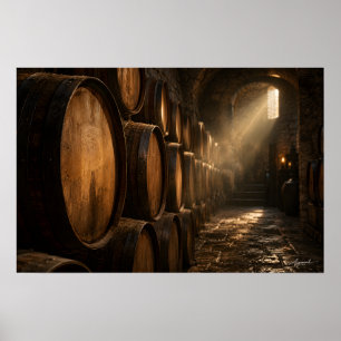 Póster Fotografía de fila de barriles en bodega de vino