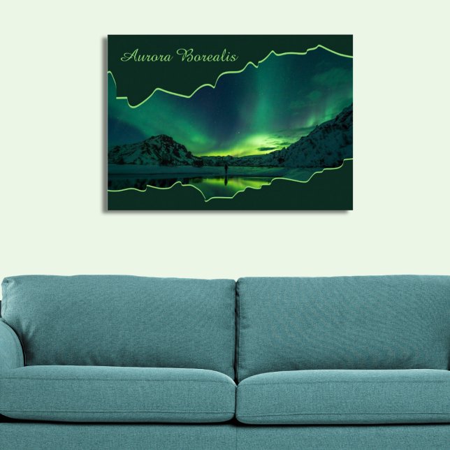 Póster Fotografía de marco con luces boreales verdes y az (Green and Blue Northern Lights Ripped Frame Photo Poster)