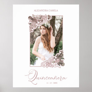 Póster Fotografía de marco floral romántico Quinceañera E