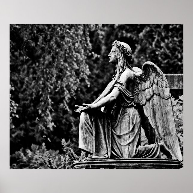 Póster Fotografía en blanco y negro arrodillando ángel (Frente)