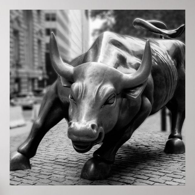 Póster Fotografía en blanco y negro de Wall Street Bull (Frente)