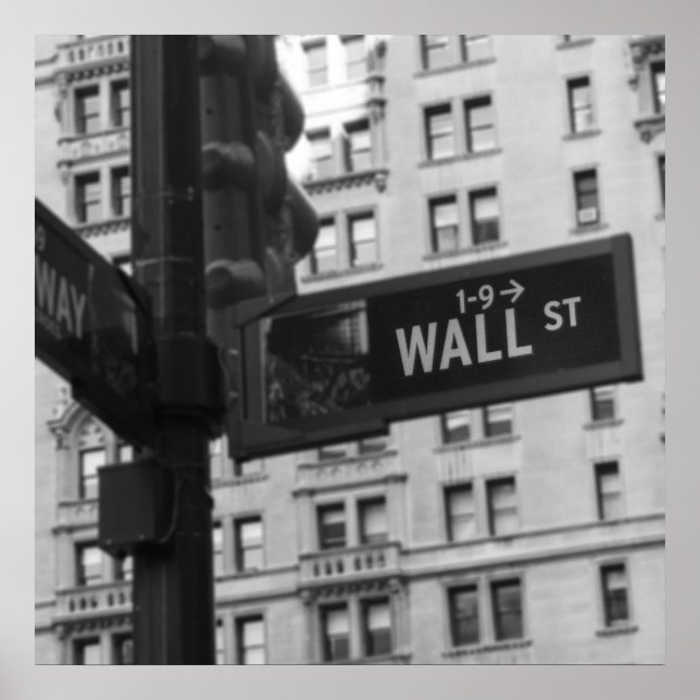 Póster Fotografía en blanco y negro del Rótulo de Wall St (Frente)