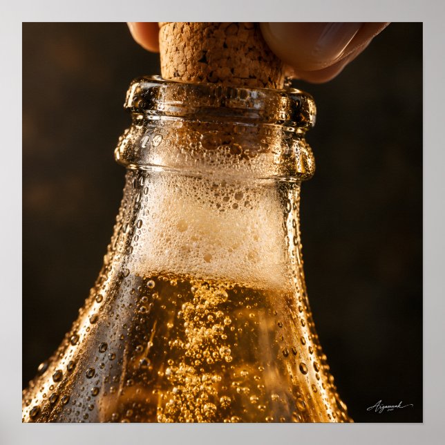 Póster Fotografía macro de burbujas en botella de sidra (Frente)