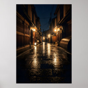 Póster Fotografía Nocturna de un Callejón Japonés Lluvios