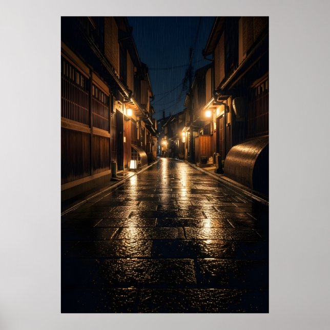 Póster Fotografía Nocturna de un Callejón Japonés Lluvios (Frente)