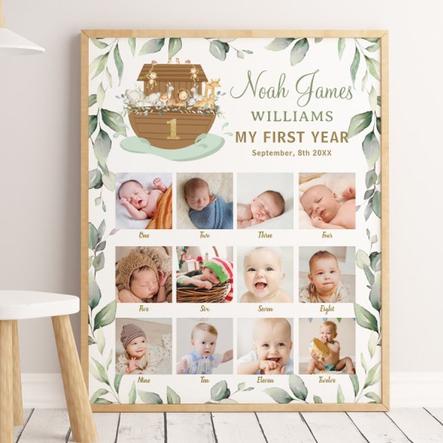 Póster Fotos de los hitos del primer año en el Arca de No (noah's ark photographs pictures baby first year milestones sign month by month photo nursery decor )