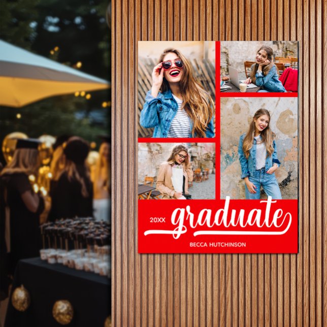 Póster Fotos modernas de 4 grados rojos (Modern 4 photo on red graduation party poster - PRINTED and/or INSTANT DOWNLOAD)