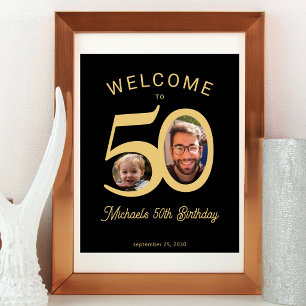 Póster Fotos personalizadas cumpleaños 50 dorado negro bi