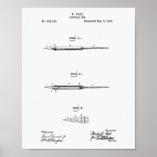Póster Fountain Pen 1893 Patent Art White Paper