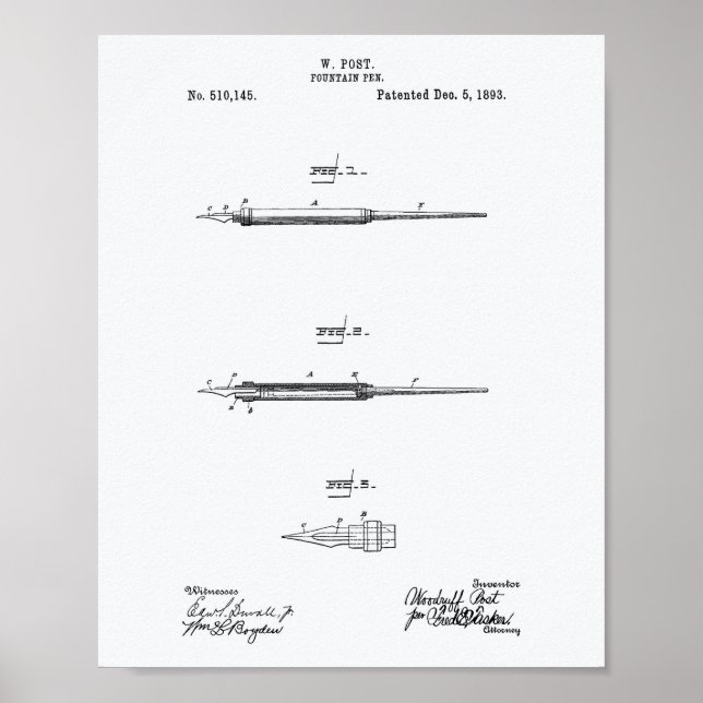 Póster Fountain Pen 1893 Patent Art White Paper (Frente)