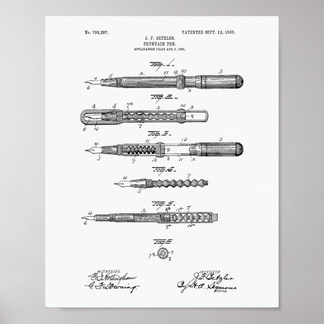 Póster Fountain Pen 1905 Patent Art White Paper (Frente)