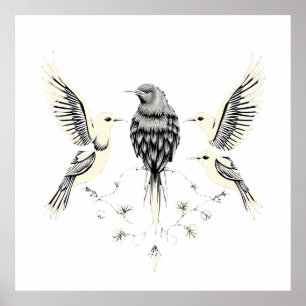 Póster Four Birds on a Branch Illustration