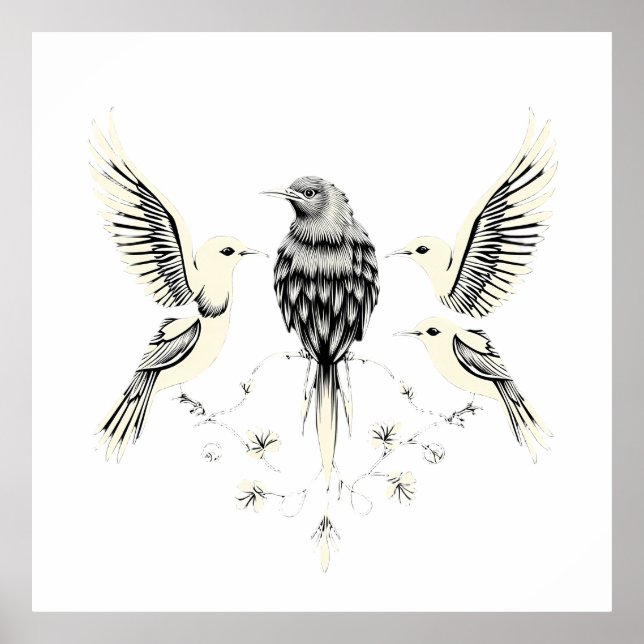 Póster Four Birds on a Branch Illustration (Frente)