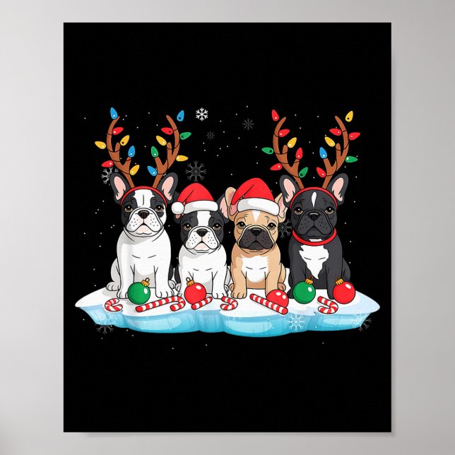 Póster Four French Bulldog Dogs Christmas Light Reindeer  (Frente)