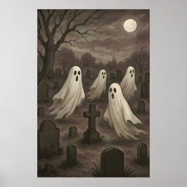 Póster Four Ghosts Under the Full Moon in the Graveyard