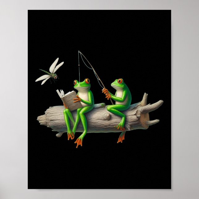 Póster Four Legs Frog On A Log Frog Fishing Dragonfly Rea (Frente)