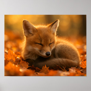 Póster Fox bebé en hojas de otoño
