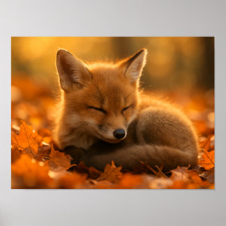 Póster Fox bebé en hojas de otoño