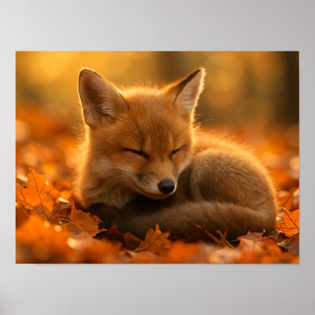 Póster Fox bebé en hojas de otoño (Frente)