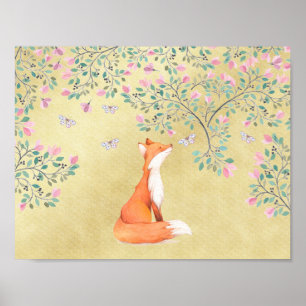 Póster Fox con las mariposas y las flores rosadas