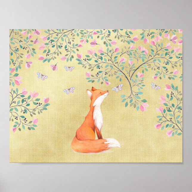 Póster Fox con mariposas y flores rosadas (Frente)