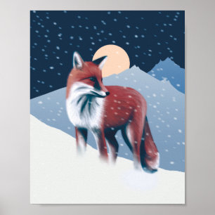Póster Fox Cute En El Ilustracion De Nieve De Invierno