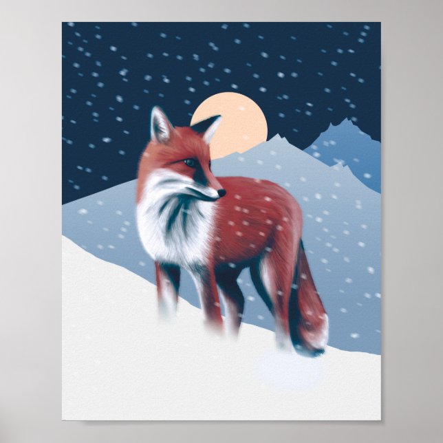 Póster Fox Cute En El Ilustracion De Nieve De Invierno (Frente)