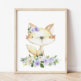 Póster Fox de Bebé, Animales Woodland, Boho, Flores Púrpu