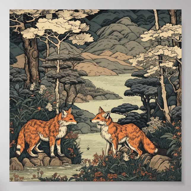 Póster Fox en el paisaje japonés (Frente)