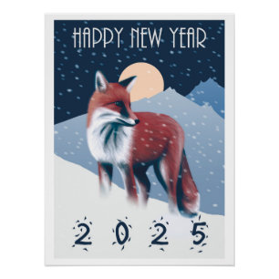 Póster Fox En La Nieve   Feliz Año Nuevo 2025