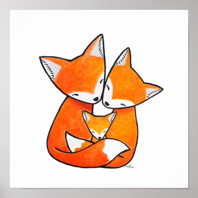 Póster Fox Family Nursery Art Papá Mamá Bebé zorros felic (Frente)
