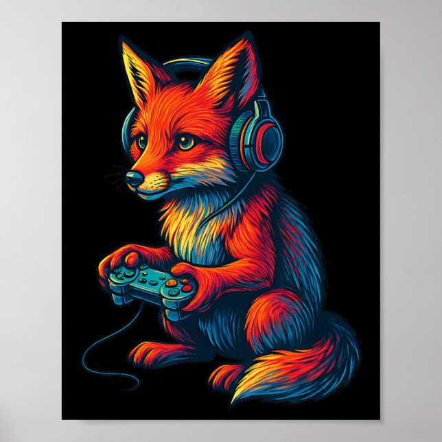 Póster Fox Gaming With Headphones Funny Video Games Gamer (Frente)
