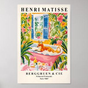Póster Fox In Bathtub Funny Poster, Mid Century Wall Art,