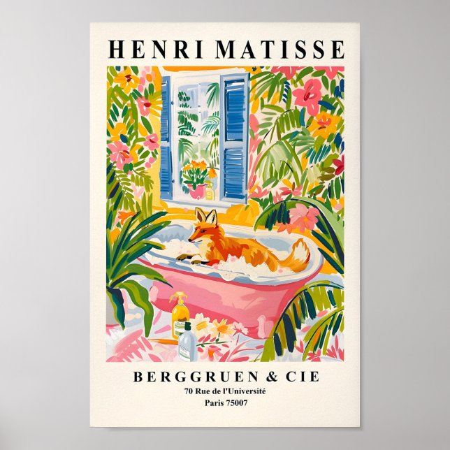 Póster Fox In Bathtub Funny Poster, Mid Century Wall Art, (Frente)