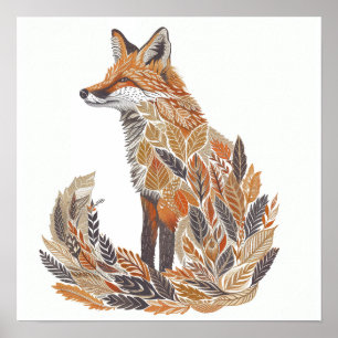 Póster Fox Silhouette con patrones detallados de hojas