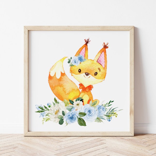 Póster Fox, Woodland Animals, Boho, Blue Flowers (Subido por el creador)