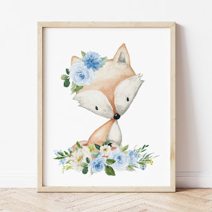 Póster Fox, Woodland Animals, Boho, Blue Flowers