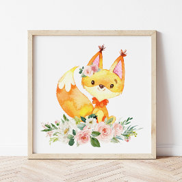 Póster Fox, Woodland Animals, Boho, Flores Rosa