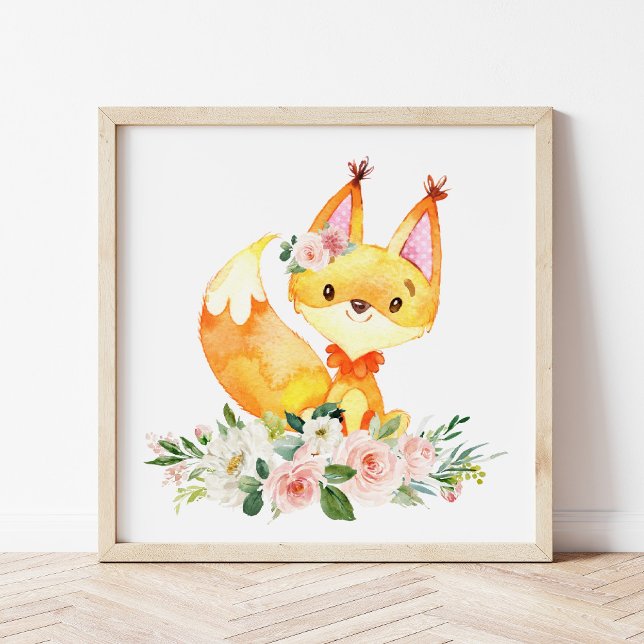 Póster Fox, Woodland Animals, Boho, Flores Rosa (Subido por el creador)